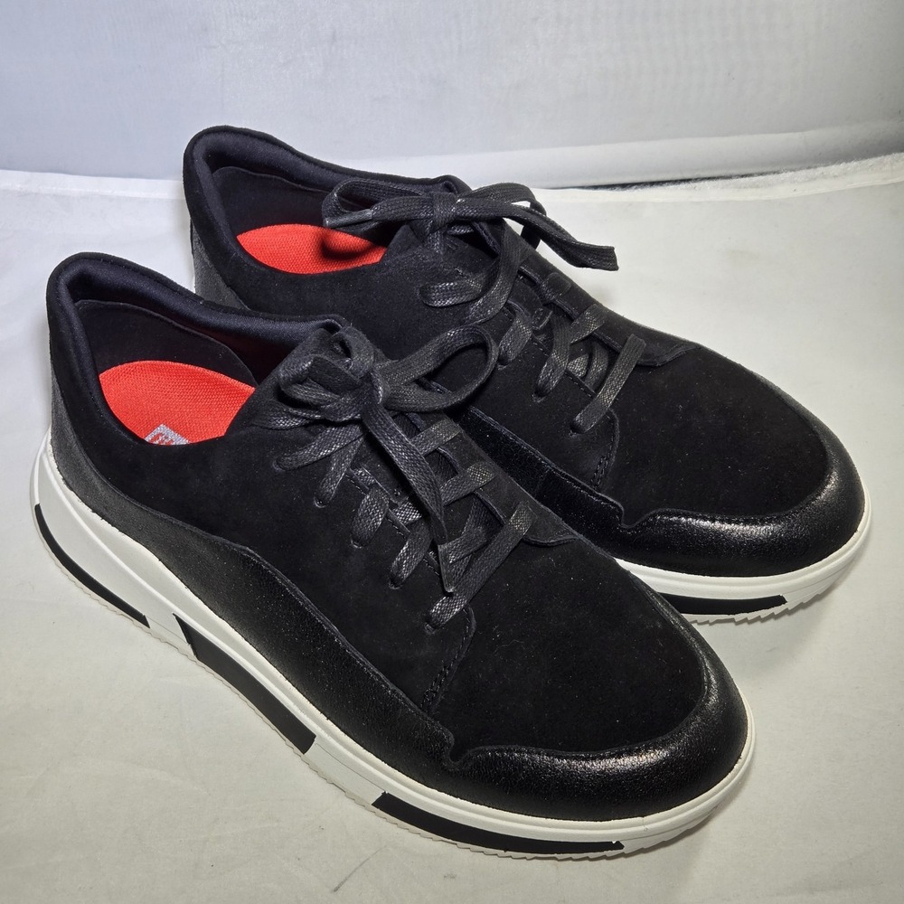 FitFlop Freya Shoes Womens Size 7.5 Black Suede Lace Up Low Top Comfort Sneakers